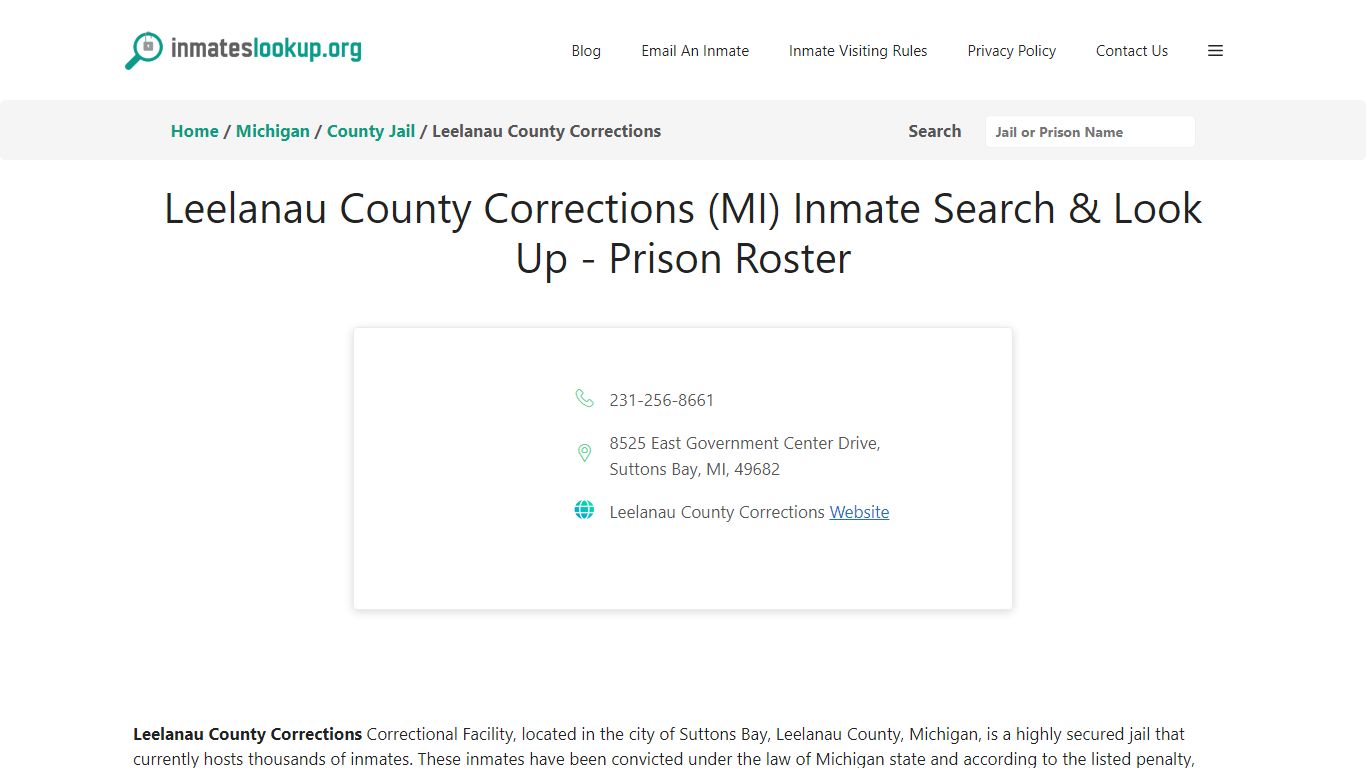 Leelanau County Corrections (MI) Inmate Search & Look Up - Prison Roster