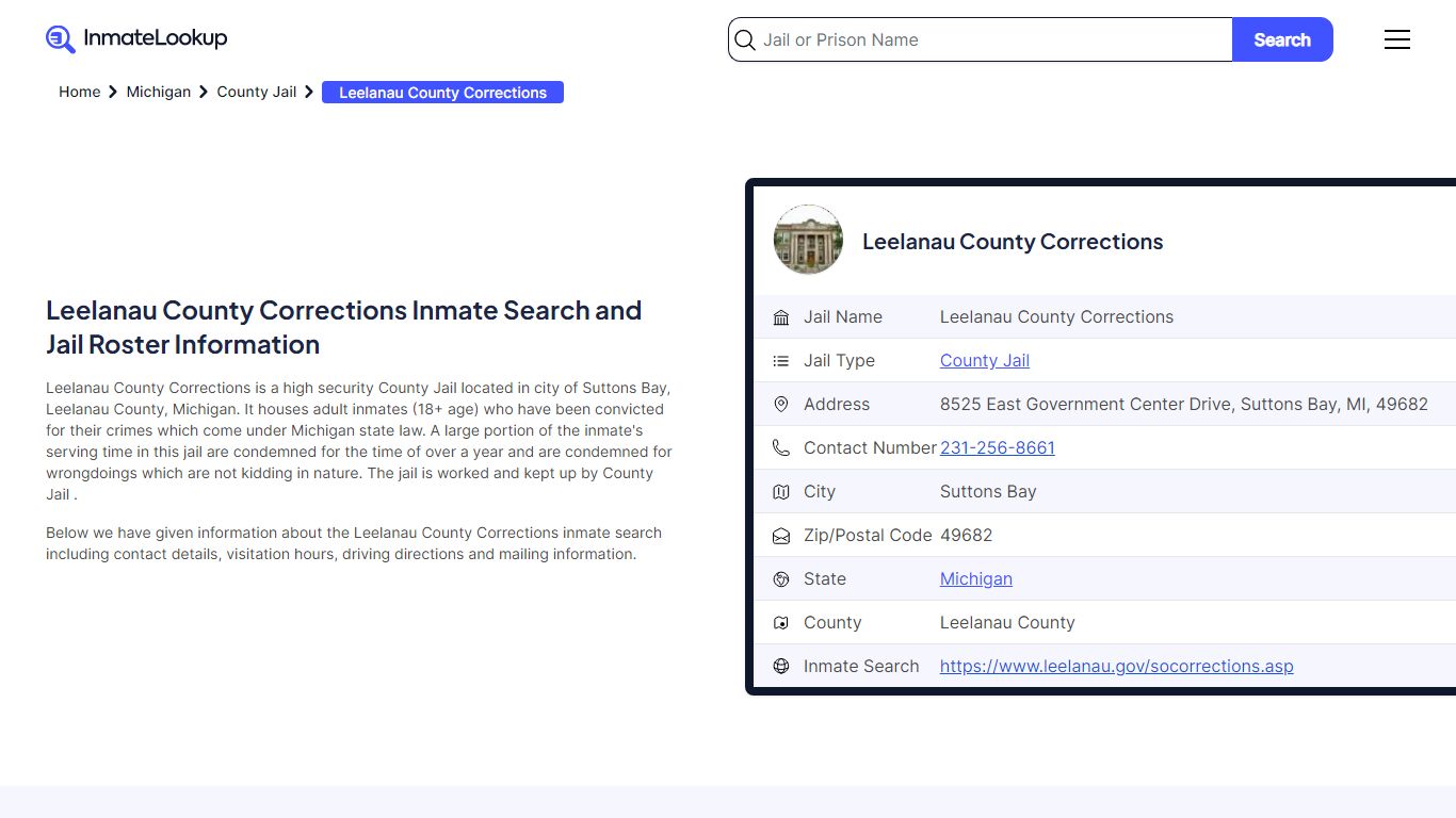 Leelanau County Corrections Inmate Search - Inmate Lookup